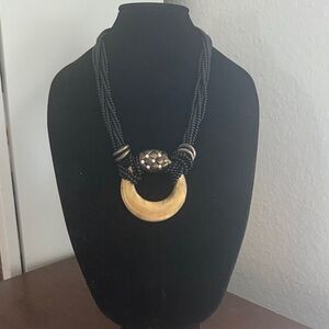 Black Beaded Statement Necklace with Large Gold Crescent Pendant Boho